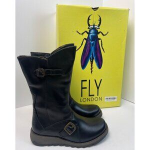 Fly London Mes 2 Womens Black Mid Calf Wedge Zip Up Leather Boots, EU 38